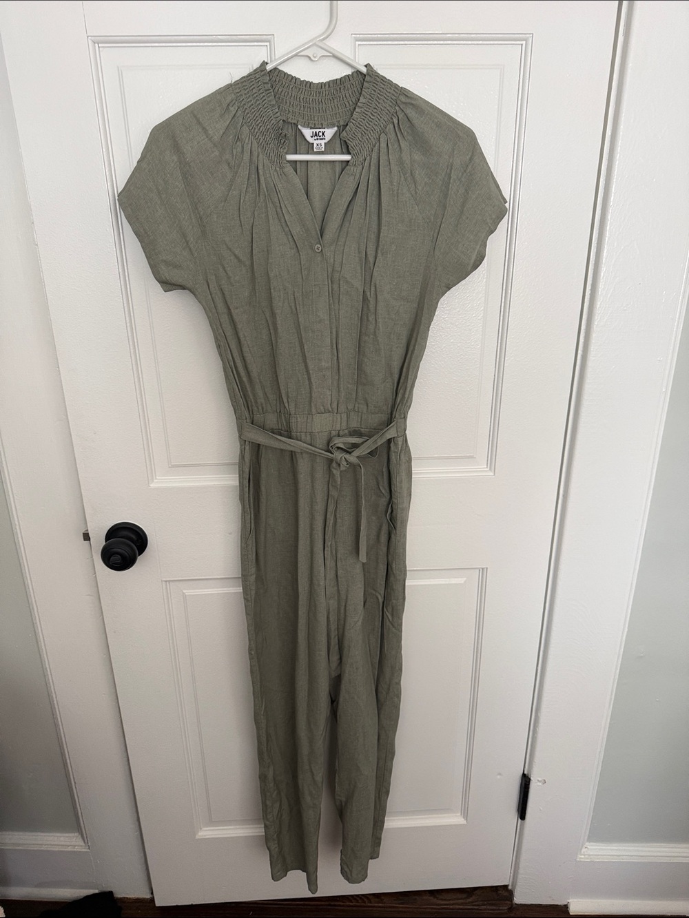 Jack by BB Dakota Olive Green Smocked-Neck Long Sleeve Jumpsuit